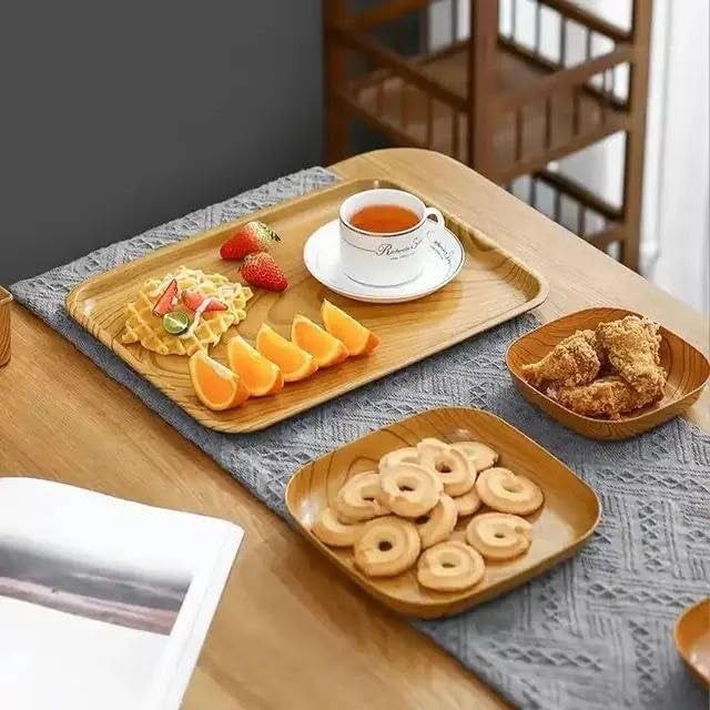Stockyhut Dinnerware Plates Wood Grain Square Tableware Dinner Set Serving Tray and Storage Rack Set Serving Plates for Dessert Dry Fruits Sweets Snacks 11 Pcs - Image 3