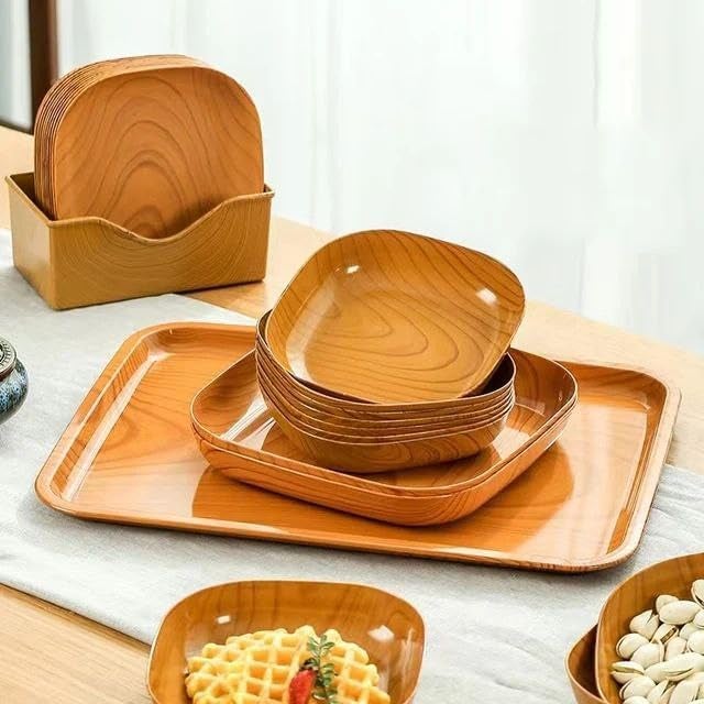Stockyhut Dinnerware Plates Wood Grain Square Tableware Dinner Set Serving Tray and Storage Rack Set Serving Plates for Dessert Dry Fruits Sweets Snacks 11 Pcs - Image 2