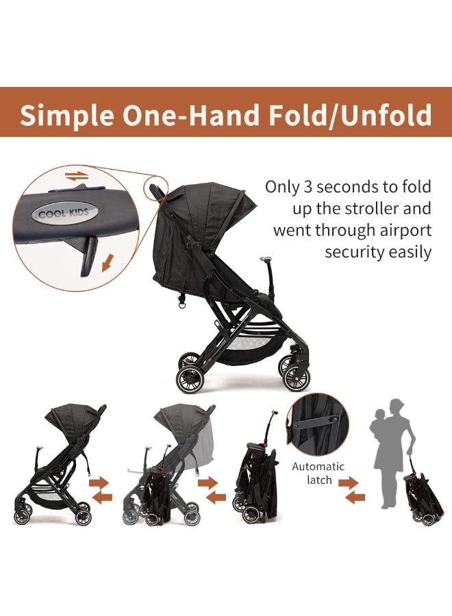 COOL KIDS Portable Stroller with Automatic Fold, Lightweight Umbrella Stroller with Pop Out Sun Canopy, Compact Stroller for Travel(Black) - Image 3