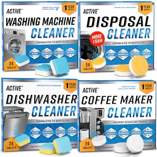 Active Washer Dishwasher Disposal & Coffee Cleaner Tablets - 96 Tabs Includes ACTIVE Washing Machine Cleaner, Dishwasher, Disposer, Coffee Maker Descale Tabs - Deep Clean & Refresh Appliance - 1 Year Supply - Image 1