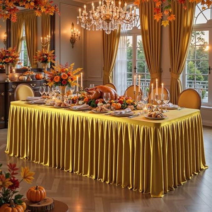 Gold Satin Tablecloths Rectangle 4FT, Glitter Fitted Stretch Table Covers Wrinkle-Resistant Floor Length Shimmer Pleated Table Skirt for Weddings Parties Baby Shower Banquets Vendor Events