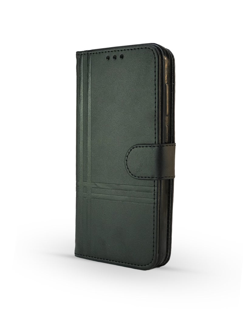 جراب جلدي قلاب بتصميم خطين مع فتحة للبطاقات، ومسند، وحزام بإغلاق مغناطيسي، وغطاء داخلي من السيليكون TPU، متوافق مع هاتف Realme Note 60 (6.74 بوصة) (أسود) - Image 1