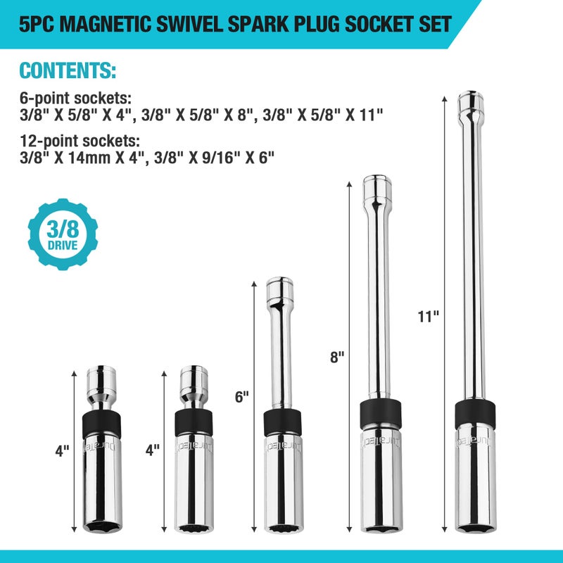 DURATECH 5PCS Swivel Magnetic Spark Plug Socket Set, 3/8" Drive Thin Wall Socket Includes 5/8" x 4", 5/8" x 8" and 5/8" x 11" 6-Point, 9/16" x 6" and 14mm x 4" 12-Point, Magnetic Core, Cr-V Steel Made - Image 3