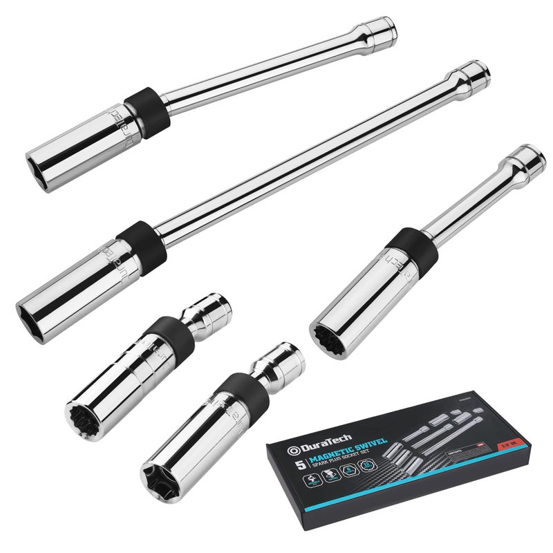 DURATECH 5PCS Swivel Magnetic Spark Plug Socket Set, 3/8" Drive Thin Wall Socket Includes 5/8" x 4", 5/8" x 8" and 5/8" x 11" 6-Point, 9/16" x 6" and 14mm x 4" 12-Point, Magnetic Core, Cr-V Steel Made - Image 1