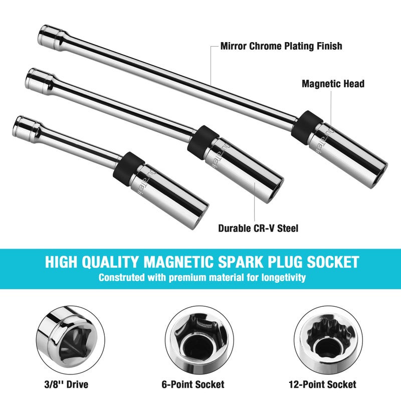 DURATECH 5PCS Swivel Magnetic Spark Plug Socket Set, 3/8" Drive Thin Wall Socket Includes 5/8" x 4", 5/8" x 8" and 5/8" x 11" 6-Point, 9/16" x 6" and 14mm x 4" 12-Point, Magnetic Core, Cr-V Steel Made - Image 2