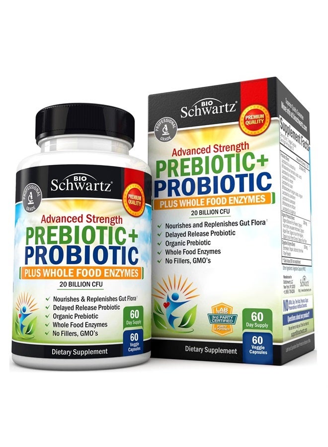 BioSchwartz البريبايوتيك والبروبيوتيك مع إنزيمات الطعام الكاملة للبالغين النساء والرجال - بروبيوتيك لاكتوباسيلوس أسيدوفيلوس - كبسولات صحة الجهاز الهضمي مكمل مستقر على الرف - خالي من الكائنات المعدلة وراثيًا وخالي من الغلوتين والألبان - 60 حبة - Image 1