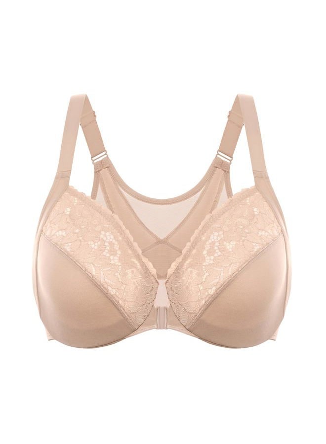 DELIMIRA Women's Front Closure Bras Posture Full Coverage Plus Size Lace Underwire Unlined Bra Beige 90E - Image 1