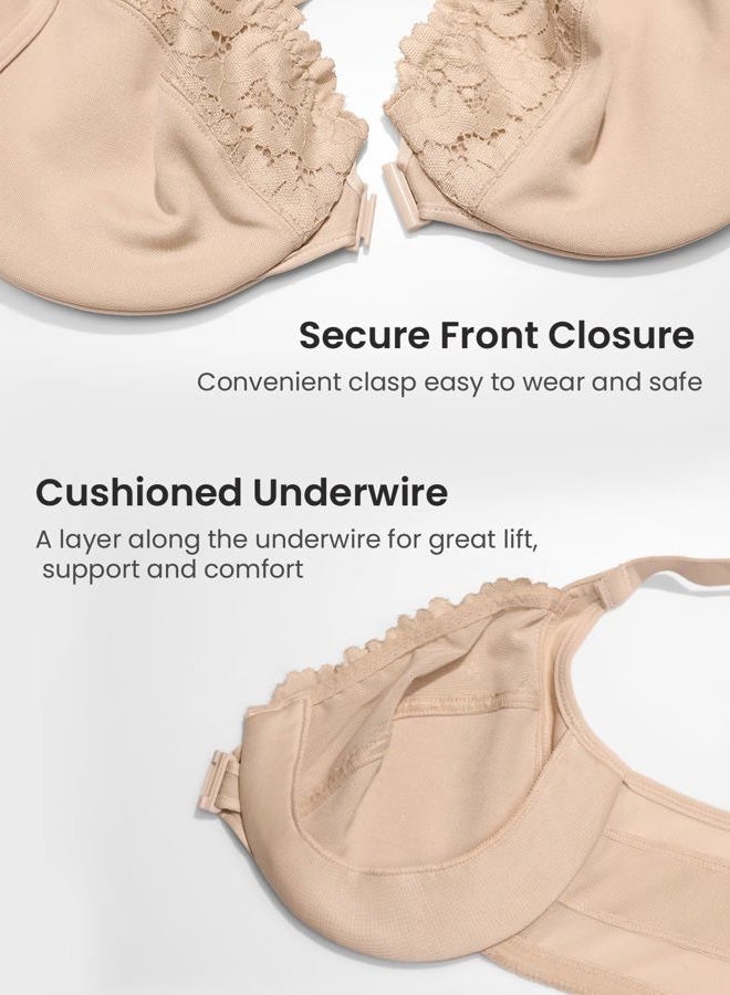 DELIMIRA Women's Front Closure Bras Posture Full Coverage Plus Size Lace Underwire Unlined Bra Beige 90E - Image 5