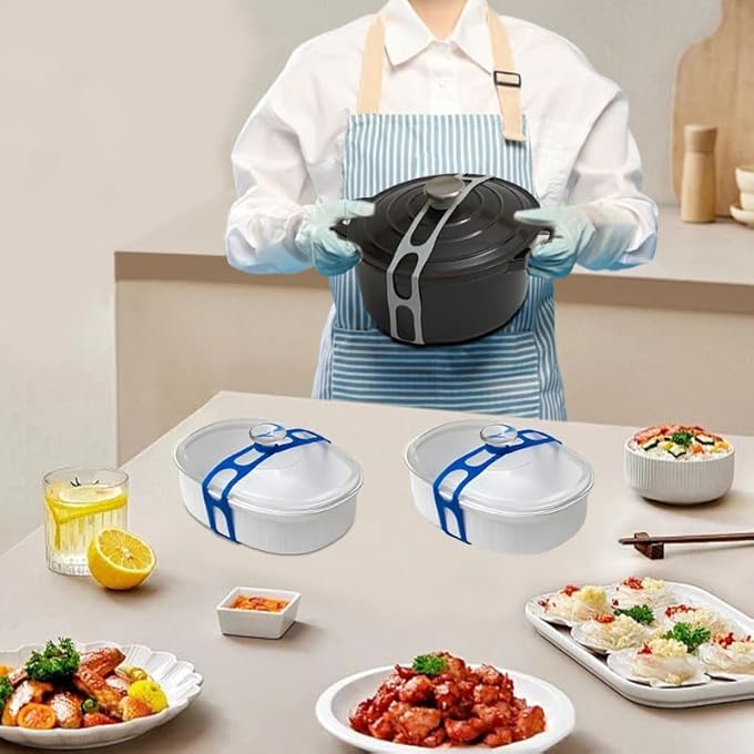 NALACAL مزلاج الغطاء، حزام تأمين الغطاء العالمي القابل لإعادة الاستخدام لأواني الطهي البطيئة وأطباق الكسرولة والأواني والمقالي والمزيد، أحزمة سيليكون مرنة قابلة للتعديل، أزرق رمادي - Image 2