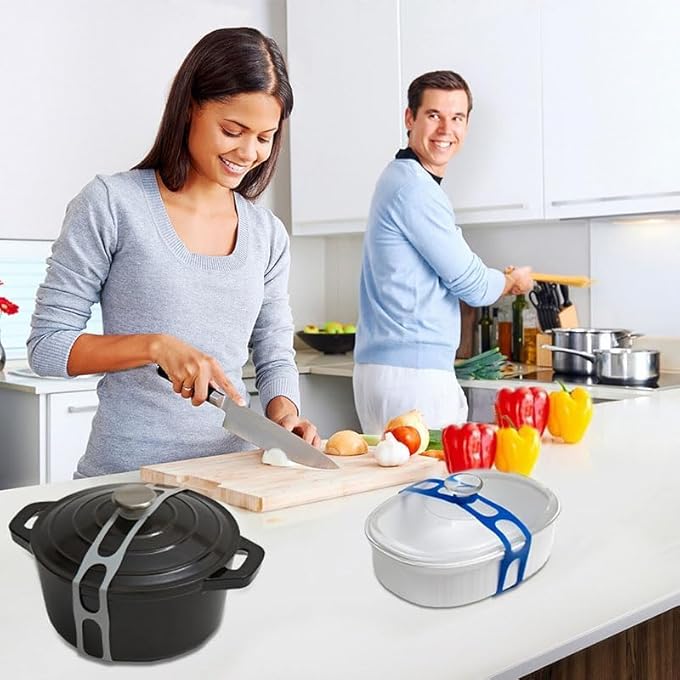 NALACAL مزلاج الغطاء، حزام تأمين الغطاء العالمي القابل لإعادة الاستخدام لأواني الطهي البطيئة وأطباق الكسرولة والأواني والمقالي والمزيد، أحزمة سيليكون مرنة قابلة للتعديل، أزرق رمادي - Image 4