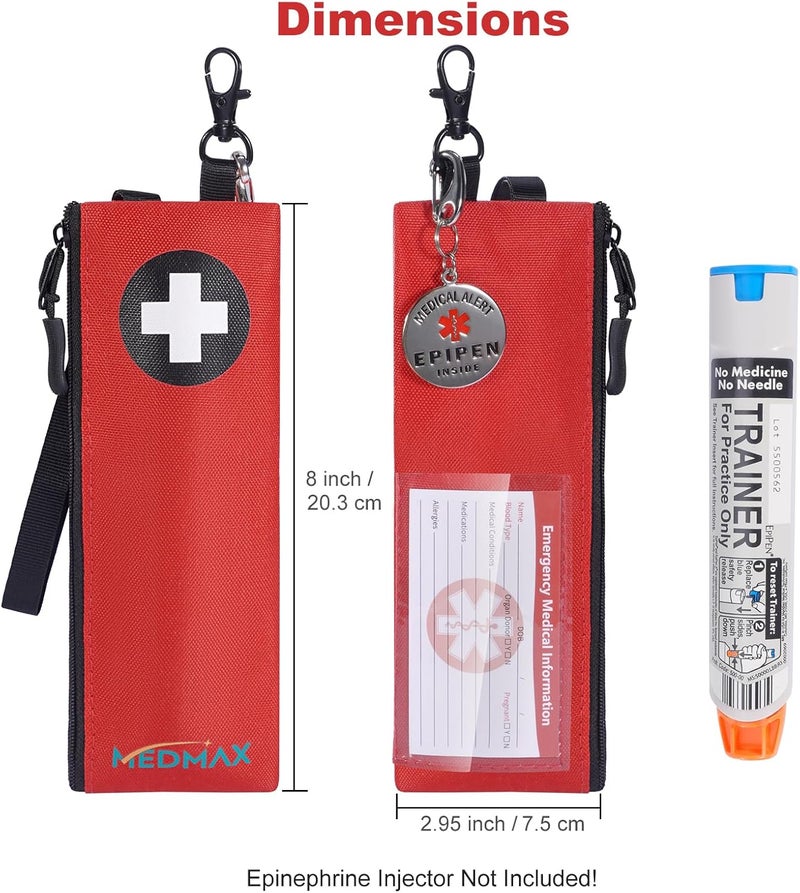 MEDMAX Insulated Slim EpiPen Carry Case with Medical Alert Tag Portable Emergency Medical Pouch with Information Card Epipen Holder with Keychain Clip for Allergy Medicine Essentials  Diabetes Red - Image 3