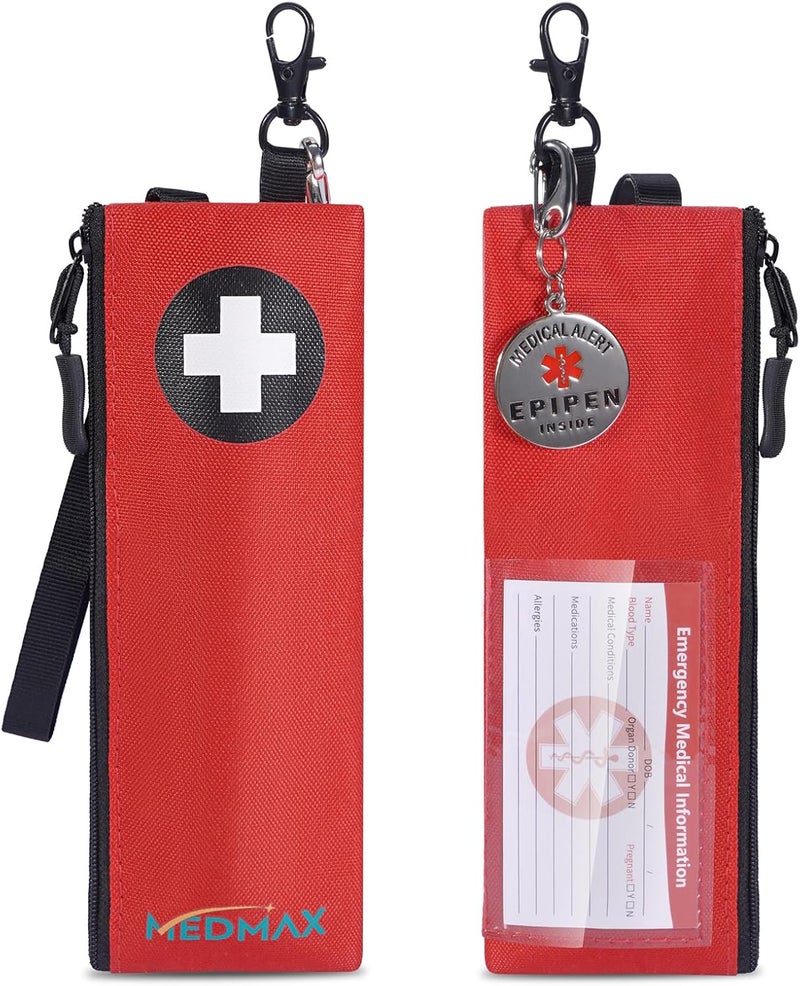 MEDMAX Insulated Slim EpiPen Carry Case with Medical Alert Tag Portable Emergency Medical Pouch with Information Card Epipen Holder with Keychain Clip for Allergy Medicine Essentials  Diabetes Red - Image 1