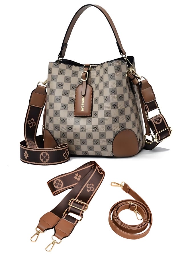 Women's PU Leather Shoulder Bag with 2 Shoulder Straps, Ladies Large-capacity Retro Crossbody Bag Satchel Bag Side Bag, Versatile Plaid Printed Bucket Bag Handbag Tote Bags Clutch Bag for Girls  - Image 1