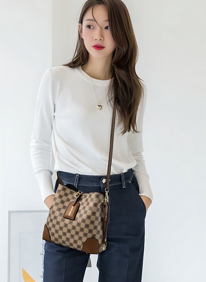 Women's PU Leather Shoulder Bag with 2 Shoulder Straps, Ladies Large-capacity Retro Crossbody Bag Satchel Bag Side Bag, Versatile Plaid Printed Bucket Bag Handbag Tote Bags Clutch Bag for Girls  - Image 2