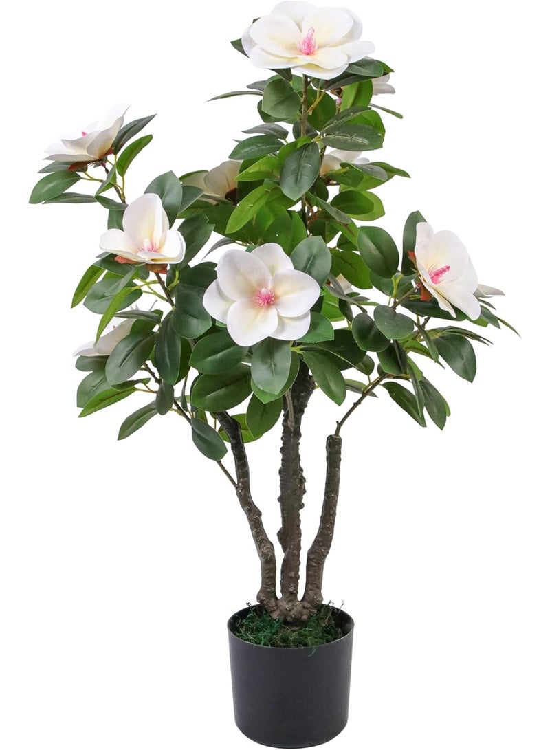 Marcolo Artificial Magnolia Tree in Pot, White Flowers with Pink Centre, Faux Potted Plant, Indoor Home Decor 90cm - Image 1