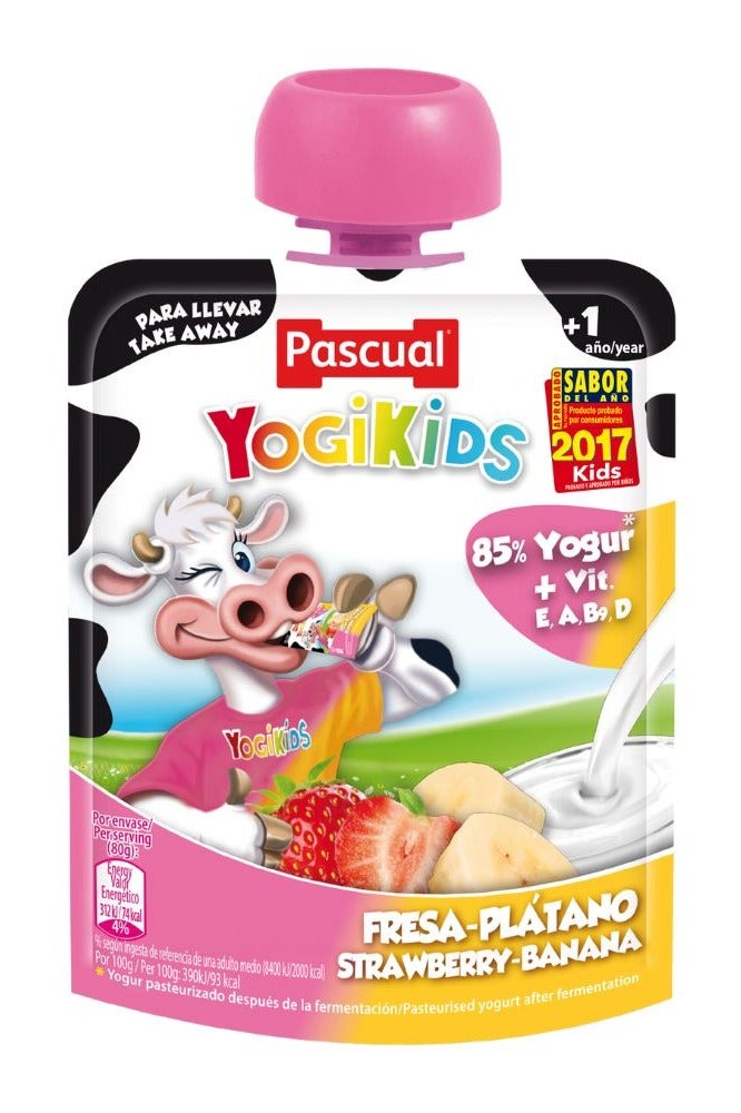 Yogikids Strawberry & Banana Yogurt Pouch 80g – Long-Life, No-Chunks, Calcium-Rich | Pascual