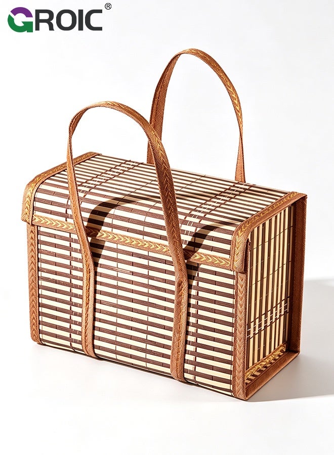 GROIC Portable Hand‑Woven Bamboo Picnic Basket with Lid Food Carrier for Camping Travel Fruit Gift Storage Hamper,Portable Food Storage Basket - Image 1