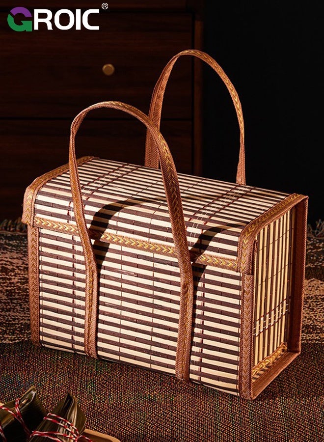 GROIC Portable Hand‑Woven Bamboo Picnic Basket with Lid Food Carrier for Camping Travel Fruit Gift Storage Hamper,Portable Food Storage Basket - Image 3