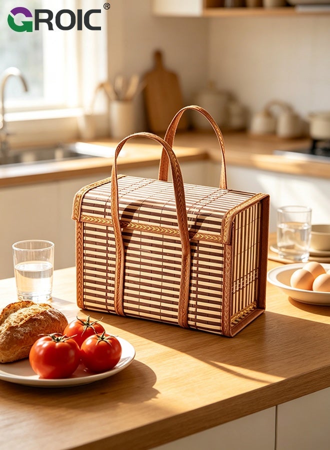 GROIC Portable Hand‑Woven Bamboo Picnic Basket with Lid Food Carrier for Camping Travel Fruit Gift Storage Hamper,Portable Food Storage Basket - Image 2