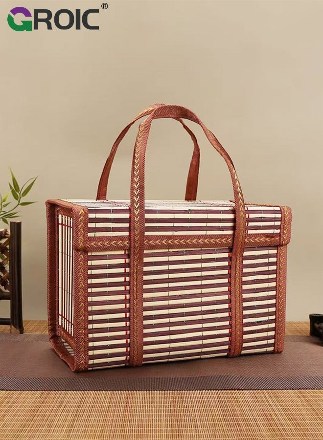 GROIC Portable Hand‑Woven Bamboo Picnic Basket with Lid Food Carrier for Camping Travel Fruit Gift Storage Hamper,Portable Food Storage Basket - Image 5