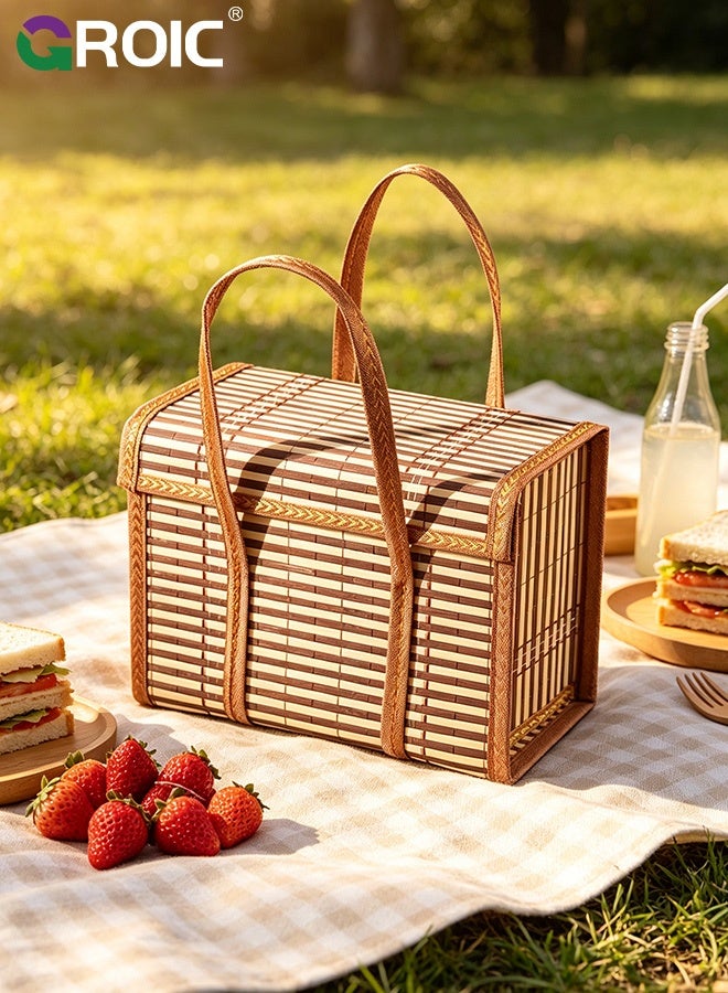 GROIC Portable Hand‑Woven Bamboo Picnic Basket with Lid Food Carrier for Camping Travel Fruit Gift Storage Hamper,Portable Food Storage Basket - Image 4