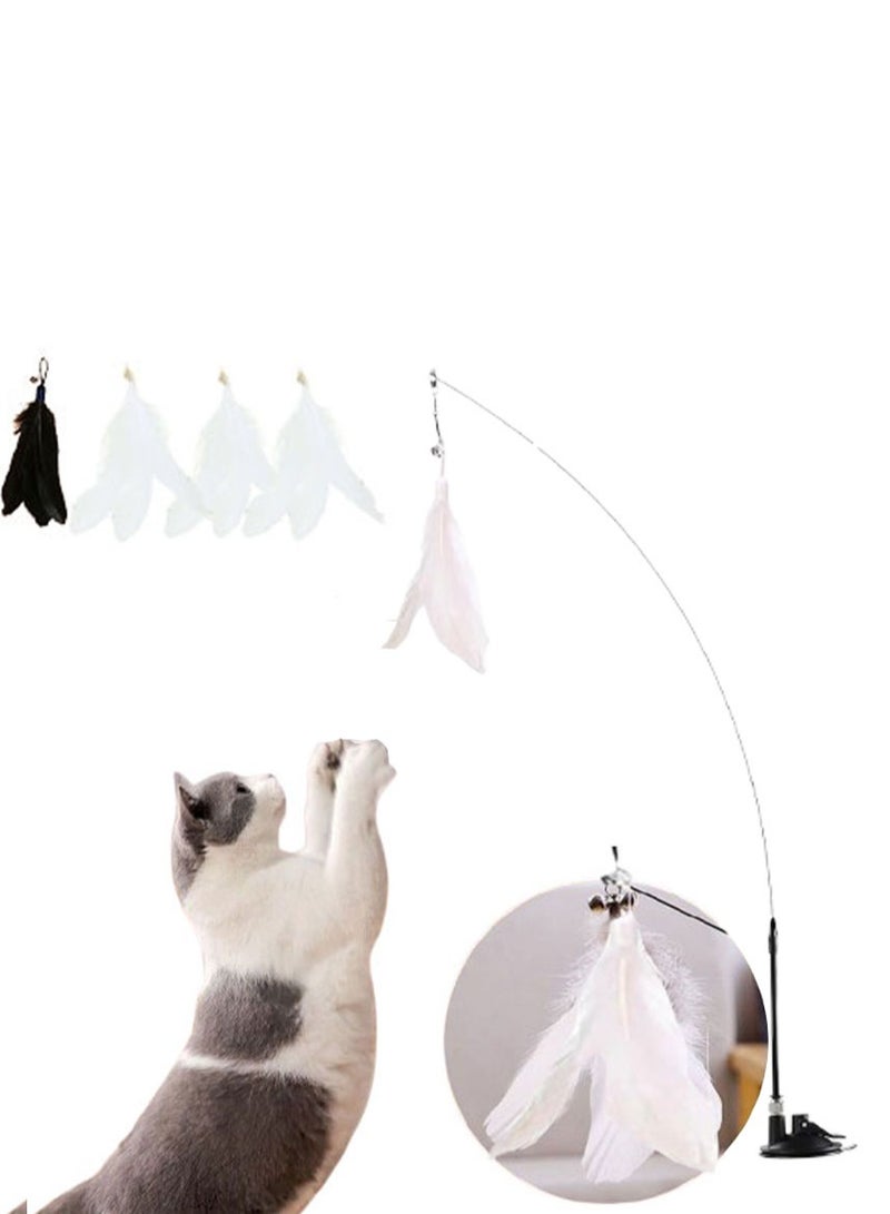 A.M Cat Feather Toys, Interactive Cat Toy with Super Suction Cup Detachable Feather Replacements with Bell, Spring Feather Toys for Indoor Cats Kitten(3 White Feather, 1 Black) - Image 1