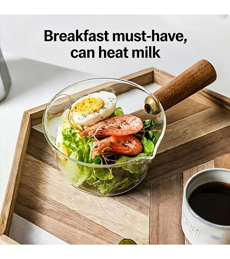 Acacia Wood Large Milk Pot With Wooden Handle Heat Resistant Glass Bowl For Baby Puree Salad Soup Stewing Kitchen Outdoor Picnic - Image 1