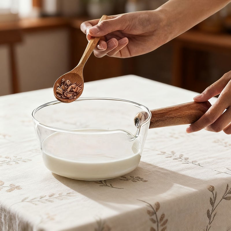 Acacia Wood Large Milk Pot With Wooden Handle Heat Resistant Glass Bowl For Baby Puree Salad Soup Stewing Kitchen Outdoor Picnic - Image 5
