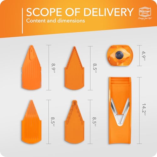 Börner Mandoline Food Slicer Börner V1 (Starter Set) by Reston Lloyd • V-Slicer with 3 Blade Inserts & Food Holder • Made in Germany • Fruit & Vegetable Chopper • Multiple Settings • Color: Orange - Image 3