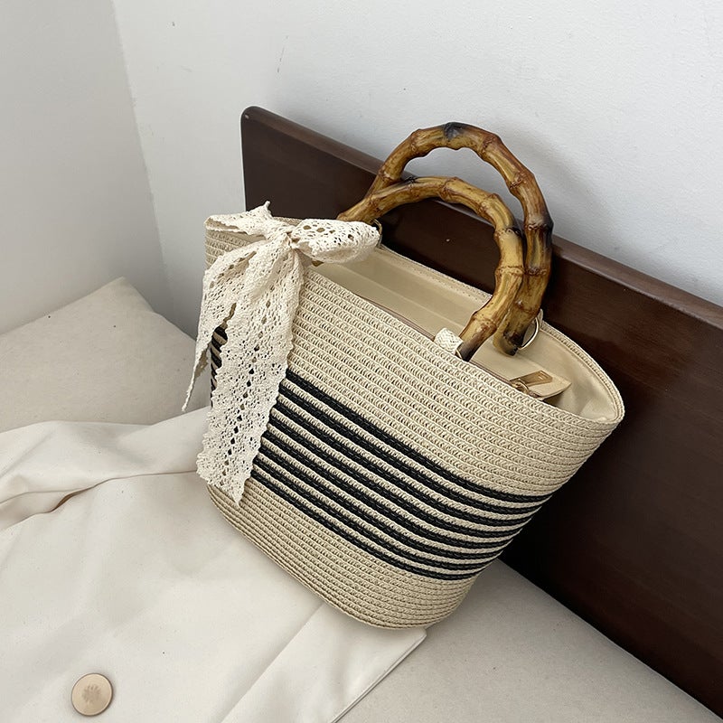Straw Bag Women'S Summer Ins Style 2024 Beach Seaside Stripesd Bamboo Handle Vacation Large Capacity Shoulder Bag