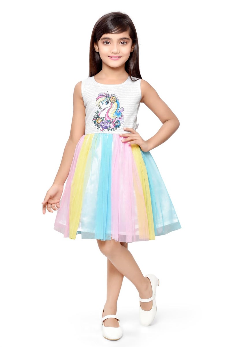Doodle Unicorn Dress for Girls | Breathable Kids Frock & Dresses | Western Frocks with Waist Tie & Back Zip | Sleeveless & Knee Length (White with Rainbow Flare | 7 to 8 Years) - Image 1