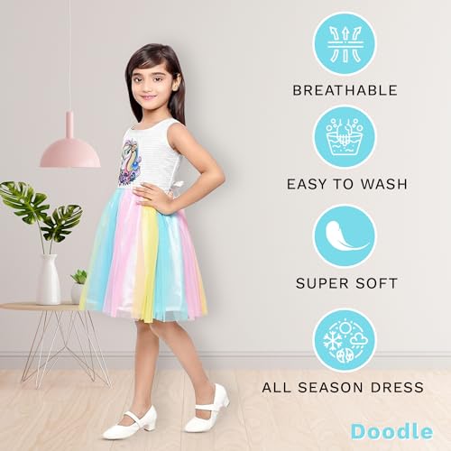 Doodle Unicorn Dress for Girls | Breathable Kids Frock & Dresses | Western Frocks with Waist Tie & Back Zip | Sleeveless & Knee Length (White with Rainbow Flare | 7 to 8 Years) - Image 2