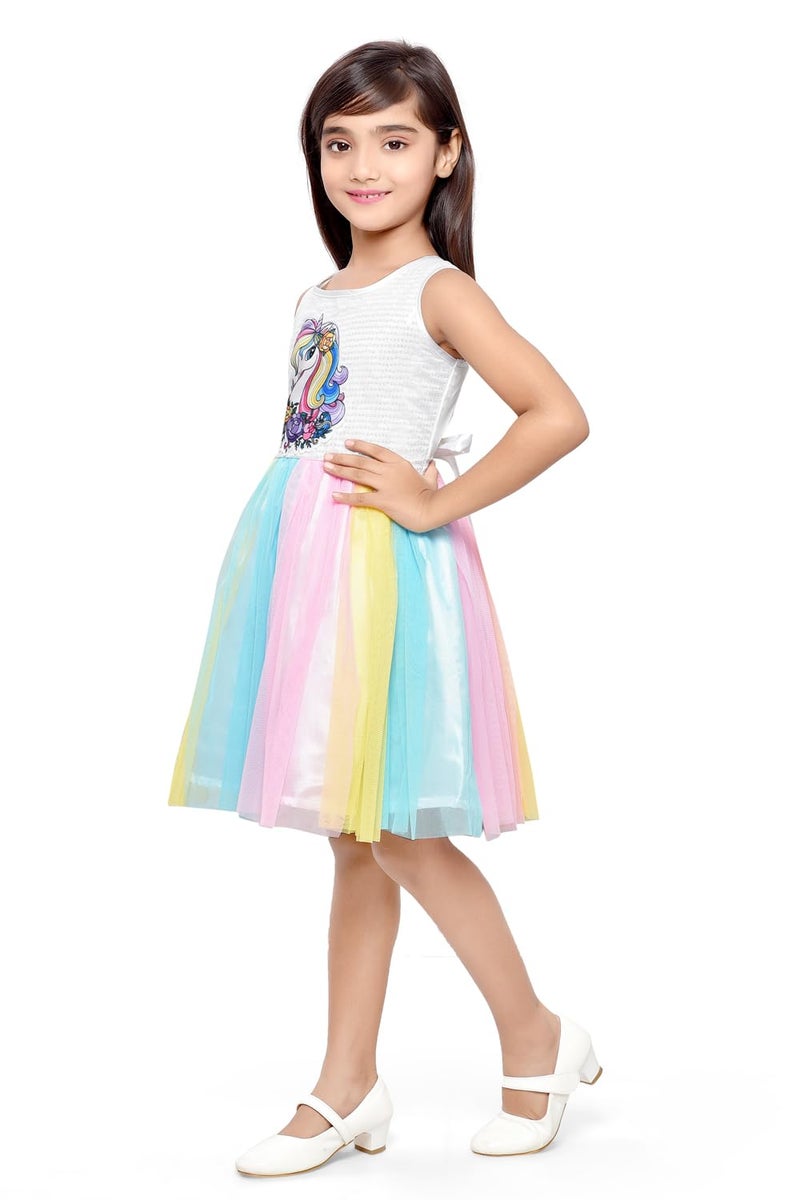 Doodle Unicorn Dress for Girls | Breathable Kids Frock & Dresses | Western Frocks with Waist Tie & Back Zip | Sleeveless & Knee Length (White with Rainbow Flare | 7 to 8 Years) - Image 5