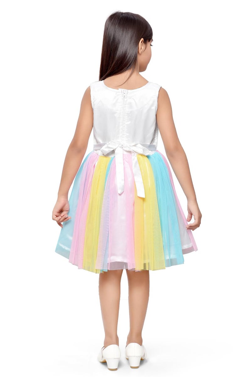 Doodle Unicorn Dress for Girls | Breathable Kids Frock & Dresses | Western Frocks with Waist Tie & Back Zip | Sleeveless & Knee Length (White with Rainbow Flare | 7 to 8 Years) - Image 4