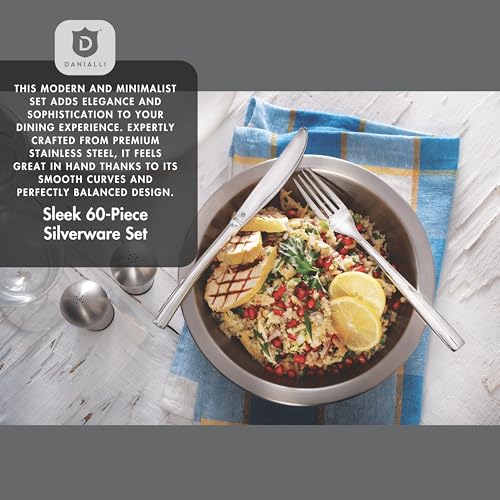 DANIALLI Modern Sleek Silverware Set - 18/10 Stainless Steel Flatware Set for Elegant Dining - Dishwasher Safe Cutlery Set -Built to Last Commitment (60-Piece) - Image 2