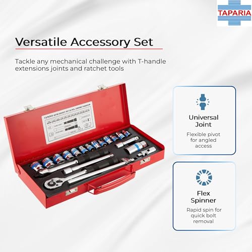Taparia S3/8H Socket Set, 3/8 Inch Drive, 14 Sockets + Accessories | Hexagonal Chrome Vanadium Steel Sockets & Bits | Professional Workshop & Auto Tool Kit. - Image 4
