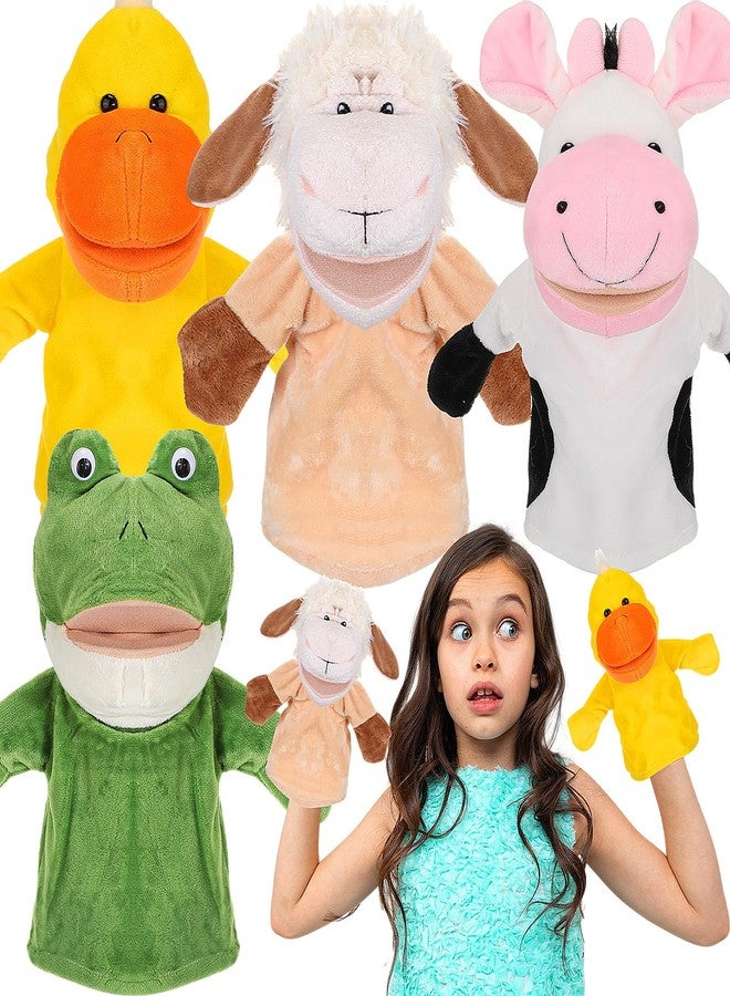 RoundFunny 4 Pcs Hand Puppet Animal Hand Puppet Set with Working Mouth 9.8 Inch Animal Puppet Animal Soft Plush Toy for Storytelling Theater Preschool Birthday Gifts (Cow, Frog, Duck, Sheep) - Image 1