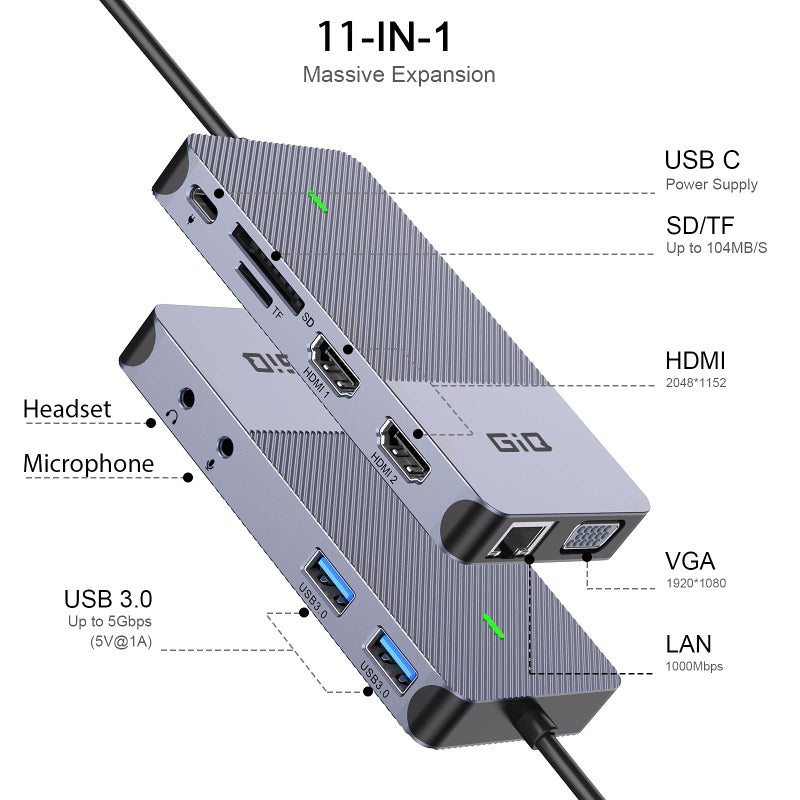 Giq USB Docking Station GIQ USB C HUB USB 3.0 to Dual HDMI VGA Adapter Triple Display USB C Laptop Docking Station Dual Monitor HDMI Splitter Extender Compatible with MacBook M1 M2 M3 USB Dock-Grey - Image 2