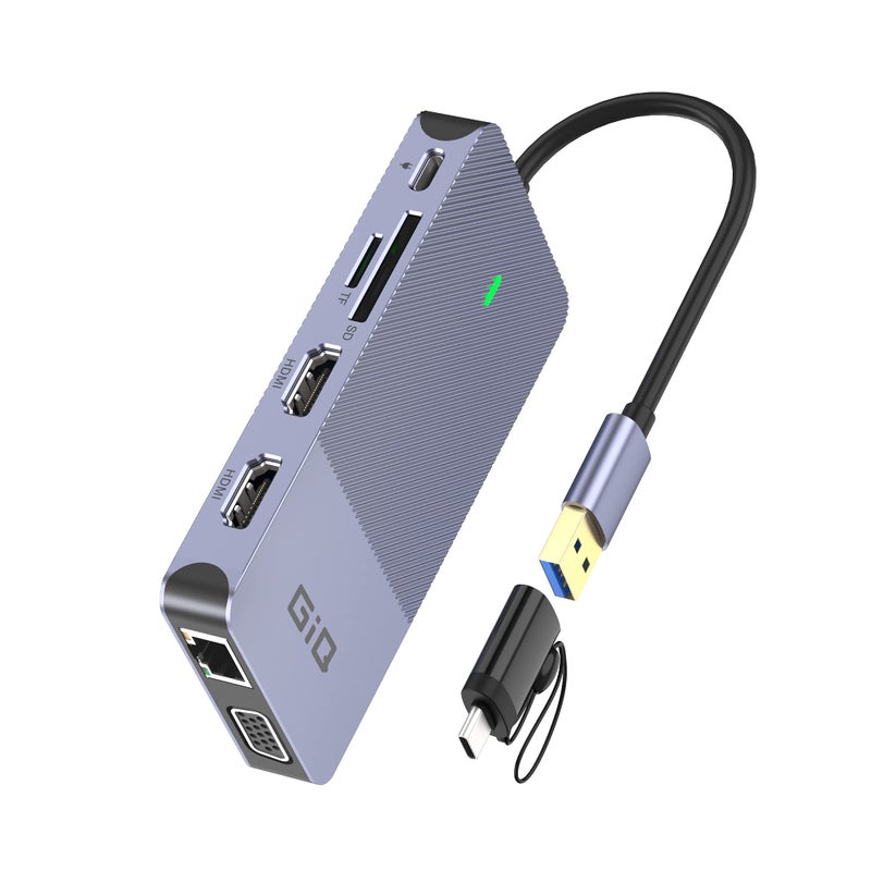 Giq USB Docking Station GIQ USB C HUB USB 3.0 to Dual HDMI VGA Adapter Triple Display USB C Laptop Docking Station Dual Monitor HDMI Splitter Extender Compatible with MacBook M1 M2 M3 USB Dock-Grey - Image 1