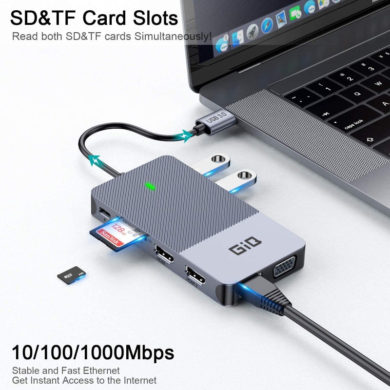 Giq USB Docking Station GIQ USB C HUB USB 3.0 to Dual HDMI VGA Adapter Triple Display USB C Laptop Docking Station Dual Monitor HDMI Splitter Extender Compatible with MacBook M1 M2 M3 USB Dock-Grey - Image 5