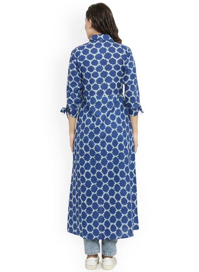 Indibelle Blue & Off-White Printed Open Front Longline Shrug with Three-Quarter Sleeves - Image 4