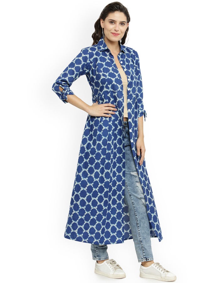 Indibelle Blue & Off-White Printed Open Front Longline Shrug with Three-Quarter Sleeves - Image 3