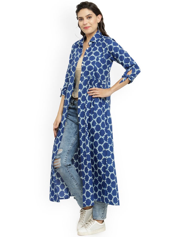 Indibelle Blue & Off-White Printed Open Front Longline Shrug with Three-Quarter Sleeves - Image 5