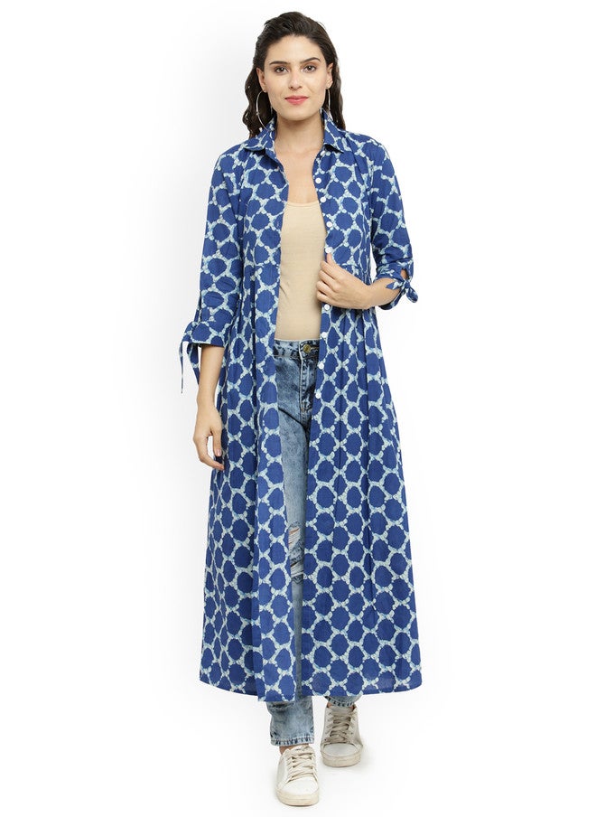 Indibelle Blue & Off-White Printed Open Front Longline Shrug with Three-Quarter Sleeves - Image 1