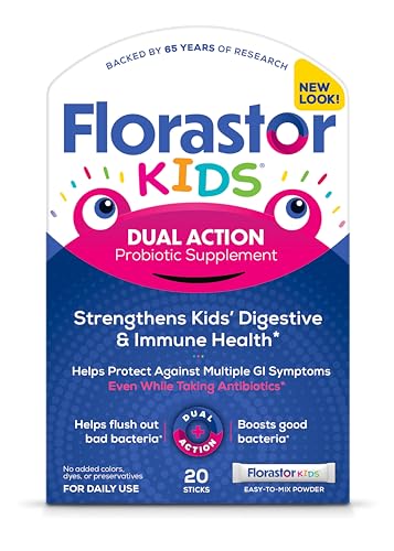 Florastor Kids Dual Action Probiotic Supplement Strengthens Kids Digestive Immune Health 20 Easyto Mix Powder Sticks Packaging May Vary
