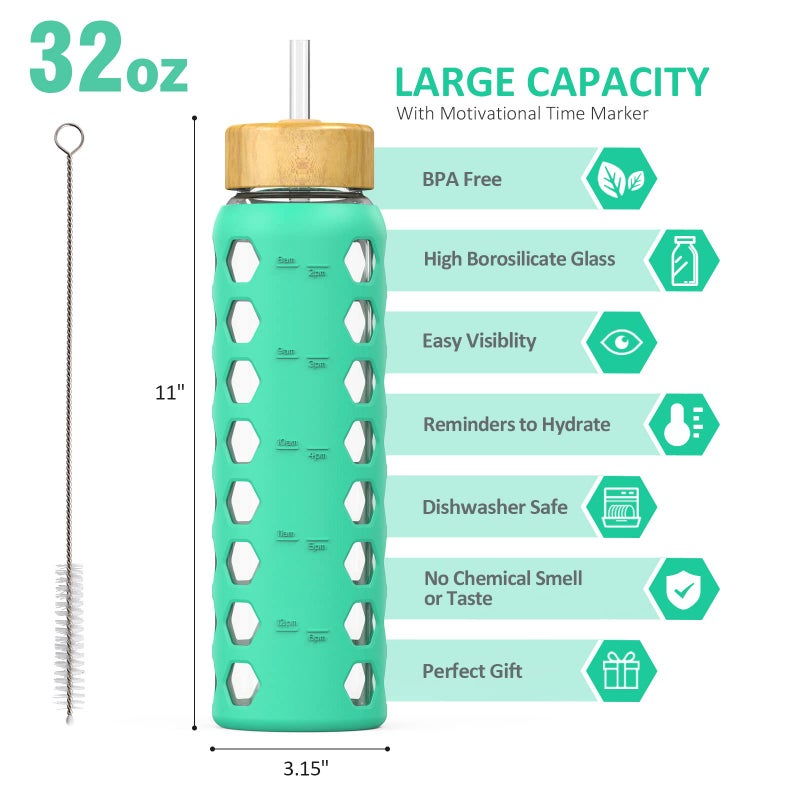 MUKOKO 32oz Glass Water Bottles with 2 Lids-Handle Spout Lid&Bamboo Straw Lid  Motivational Water Tumbler with Time Marker Reminder and Silicone Sleeve  Leakproof-Green-1 Pack - Image 2