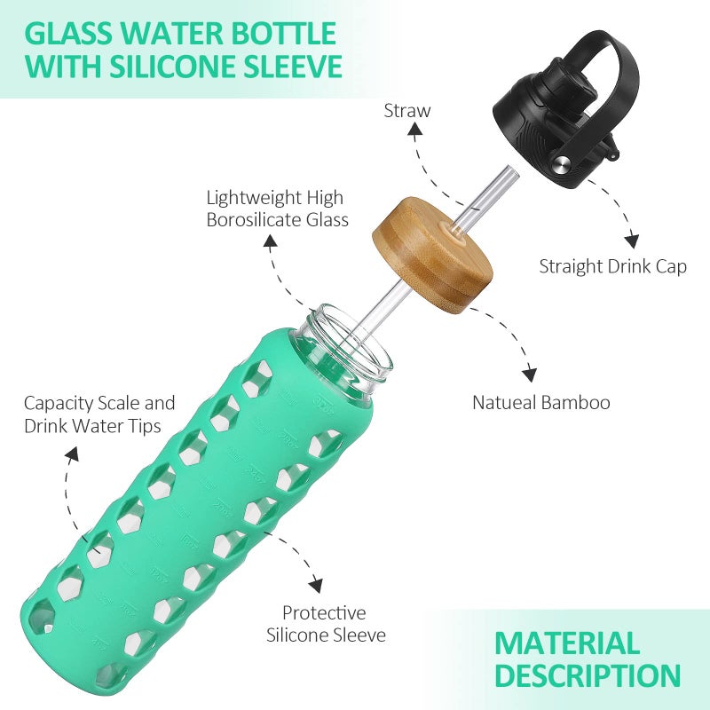 MUKOKO 32oz Glass Water Bottles with 2 Lids-Handle Spout Lid&Bamboo Straw Lid  Motivational Water Tumbler with Time Marker Reminder and Silicone Sleeve  Leakproof-Green-1 Pack - Image 4