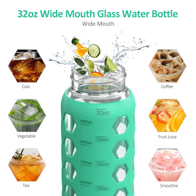 MUKOKO 32oz Glass Water Bottles with 2 Lids-Handle Spout Lid&Bamboo Straw Lid  Motivational Water Tumbler with Time Marker Reminder and Silicone Sleeve  Leakproof-Green-1 Pack - Image 5