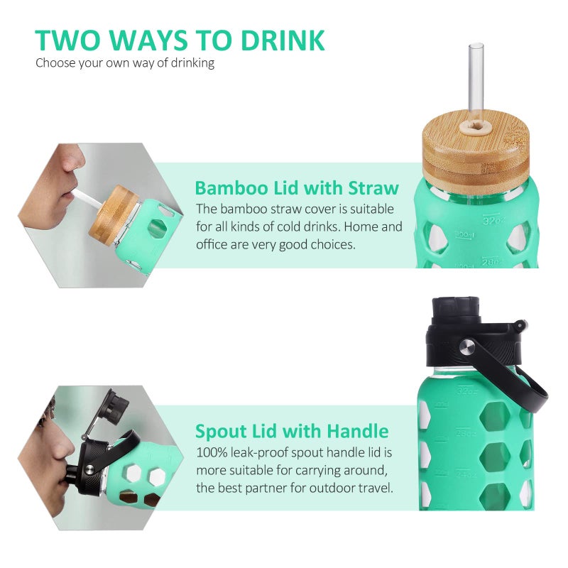 MUKOKO 32oz Glass Water Bottles with 2 Lids-Handle Spout Lid&Bamboo Straw Lid  Motivational Water Tumbler with Time Marker Reminder and Silicone Sleeve  Leakproof-Green-1 Pack - Image 3