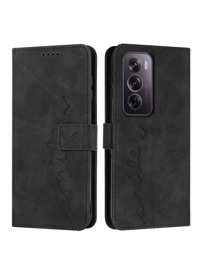 Green Tiger For OPPO Reno12 Pro Global Skin Feel Heart Embossed Leather Phone Case with Long Lanyard(Black)